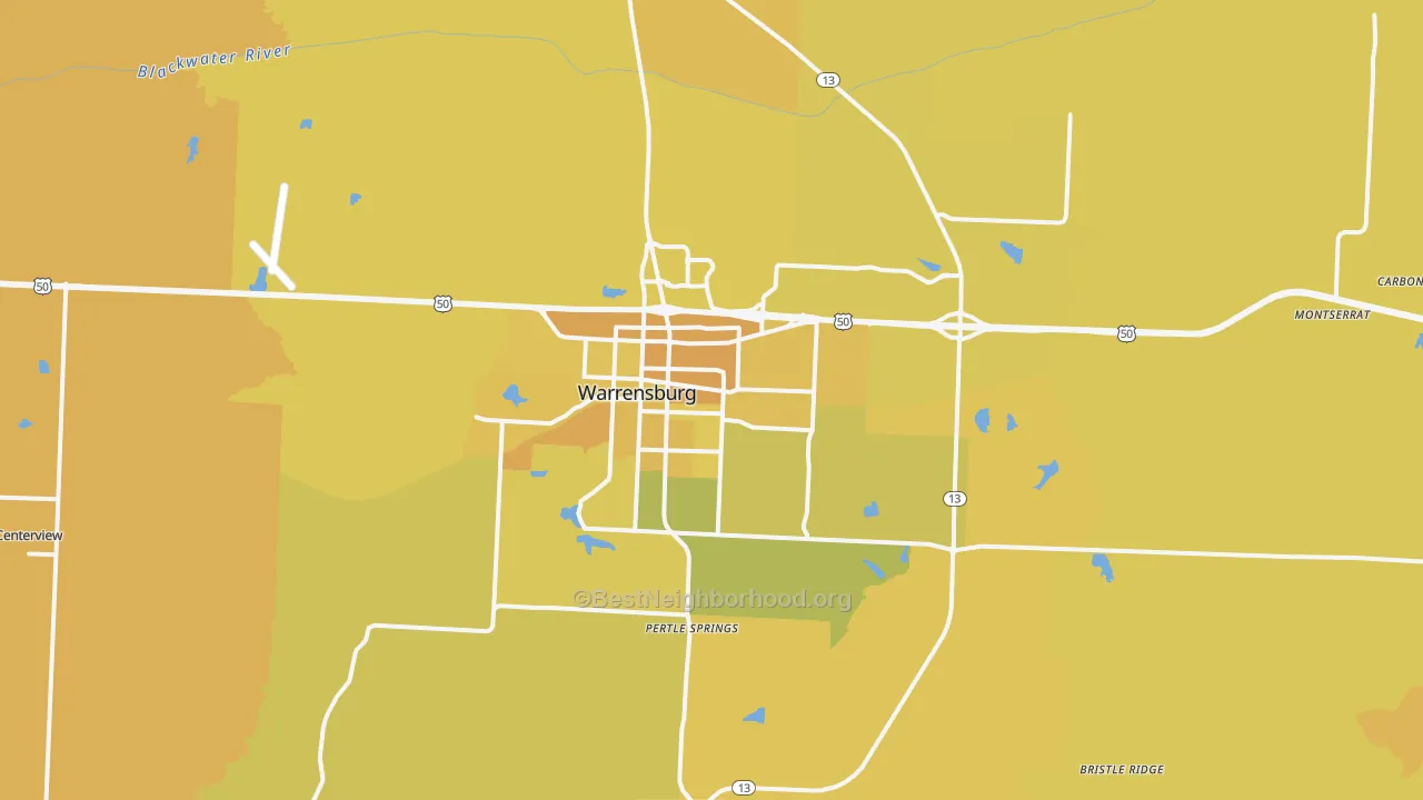 Map of the best neighborhoods in the 64093 area, with better matches in green and worse matches in red