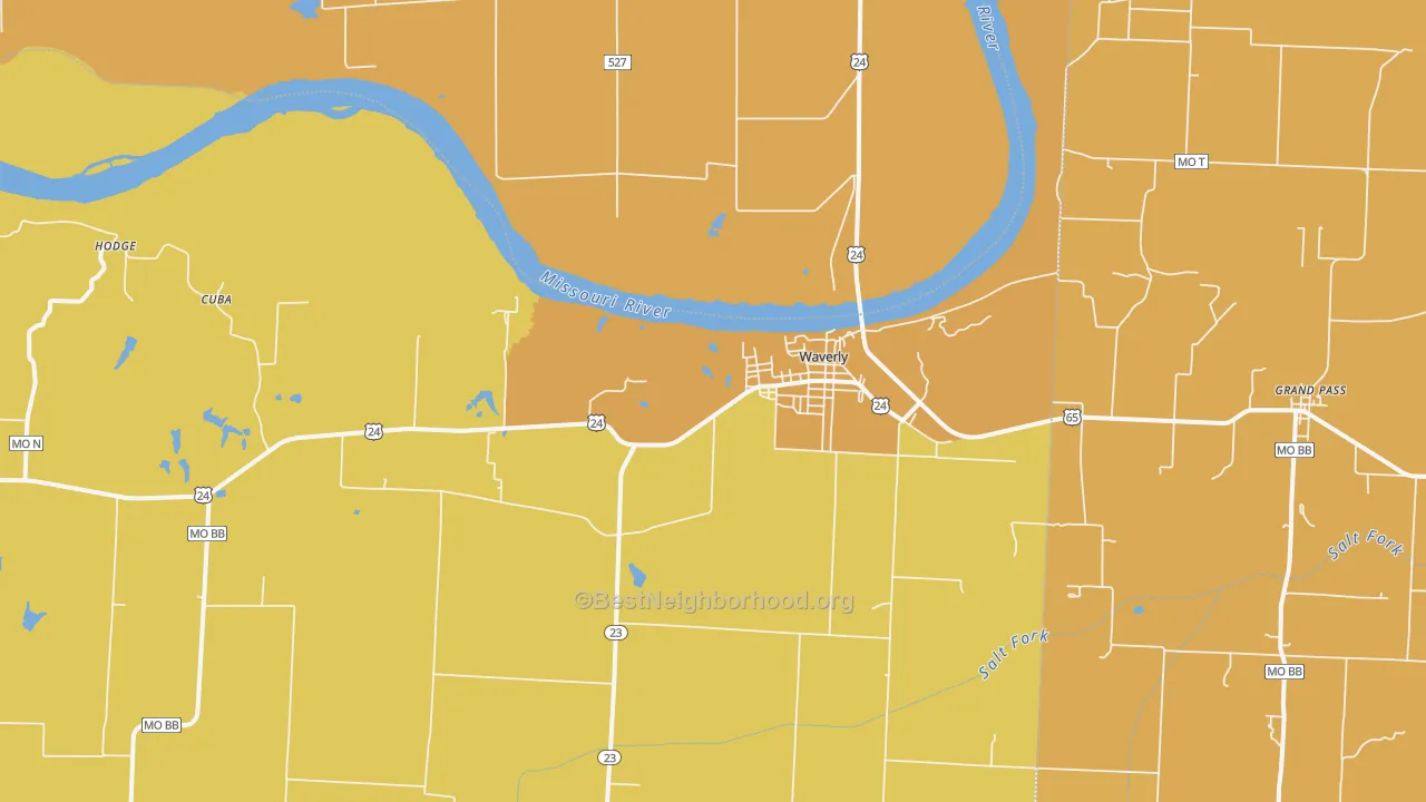 Map of the best neighborhoods in the 64096 area, with better matches in green and worse matches in red