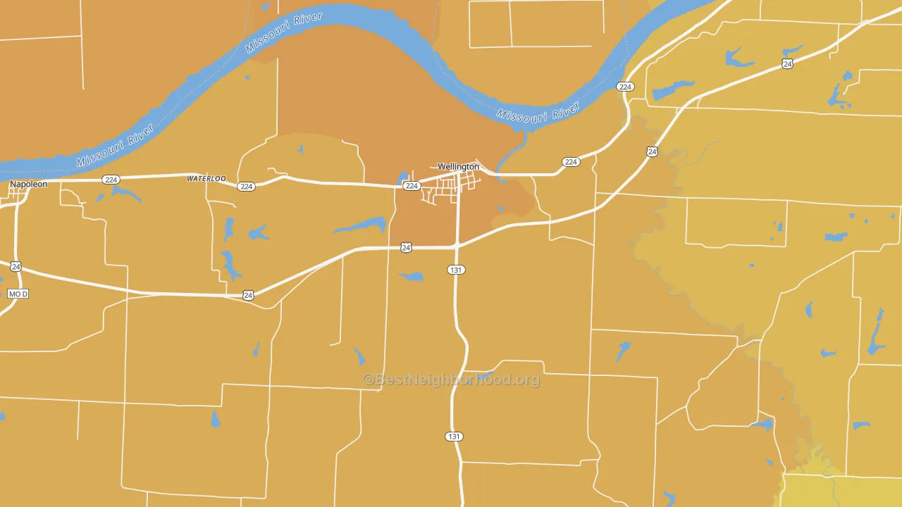 Map of the best neighborhoods in the 64097 area, with better matches in green and worse matches in red