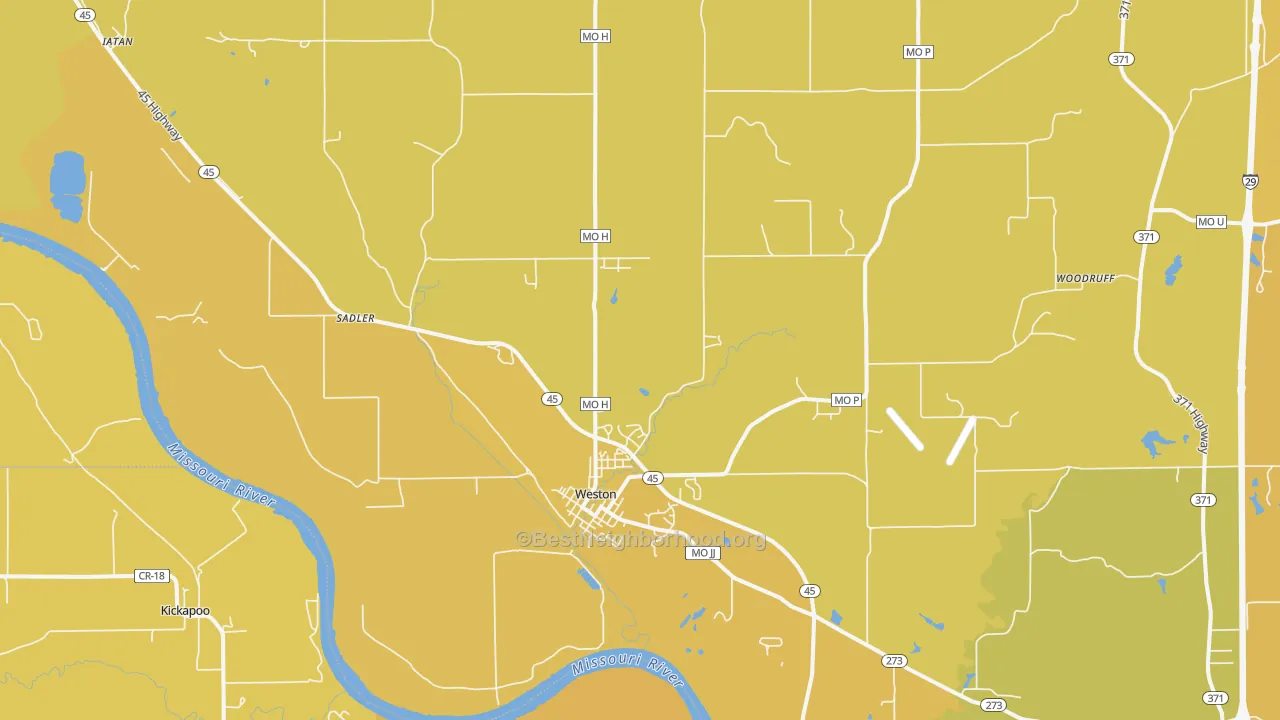Map of the best neighborhoods in the 64098 area, with better matches in green and worse matches in red