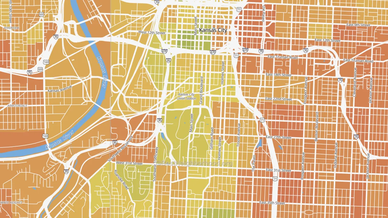 Map of the best neighborhoods in the 64108 area, with better matches in green and worse matches in red