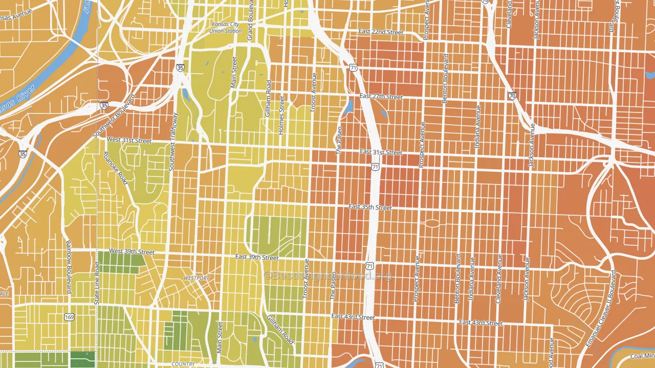 Map of the best neighborhoods in the 64109 area, with better matches in green and worse matches in red