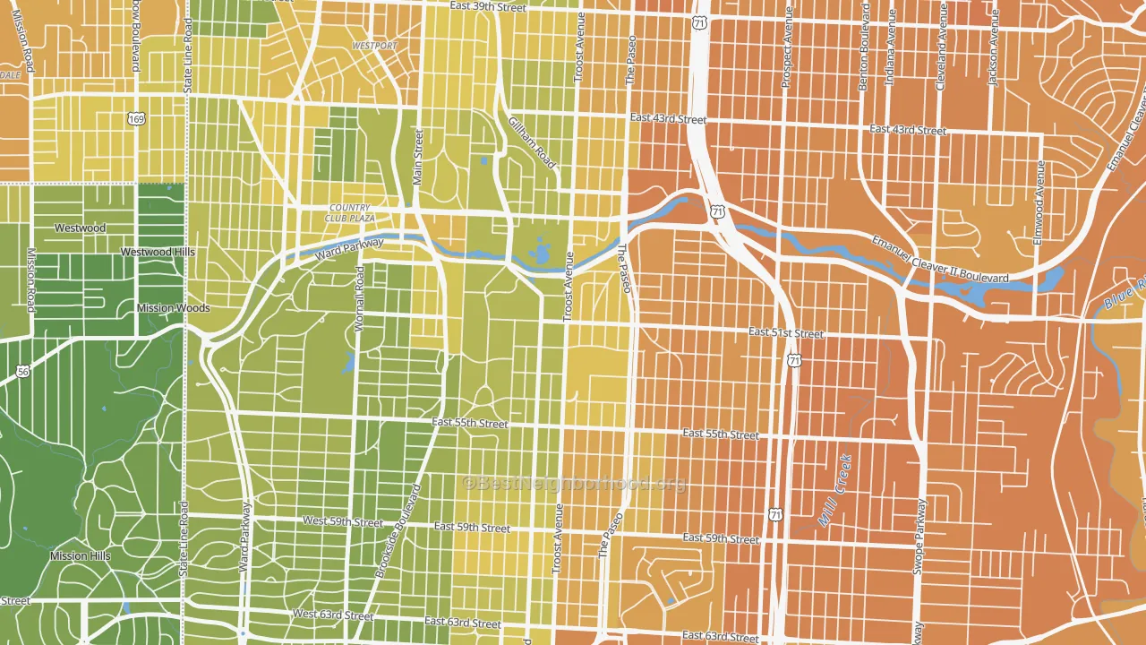 Map of the best neighborhoods in the 64110 area, with better matches in green and worse matches in red