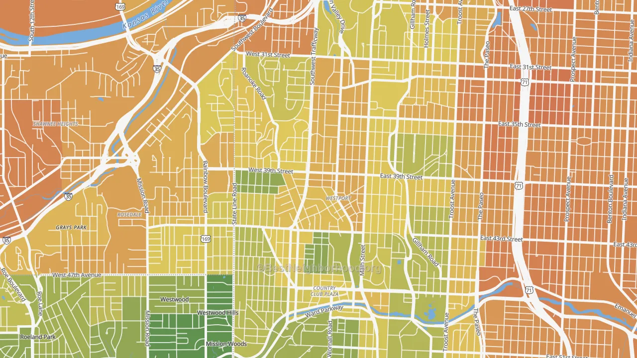 Map of the best neighborhoods in the 64111 area, with better matches in green and worse matches in red