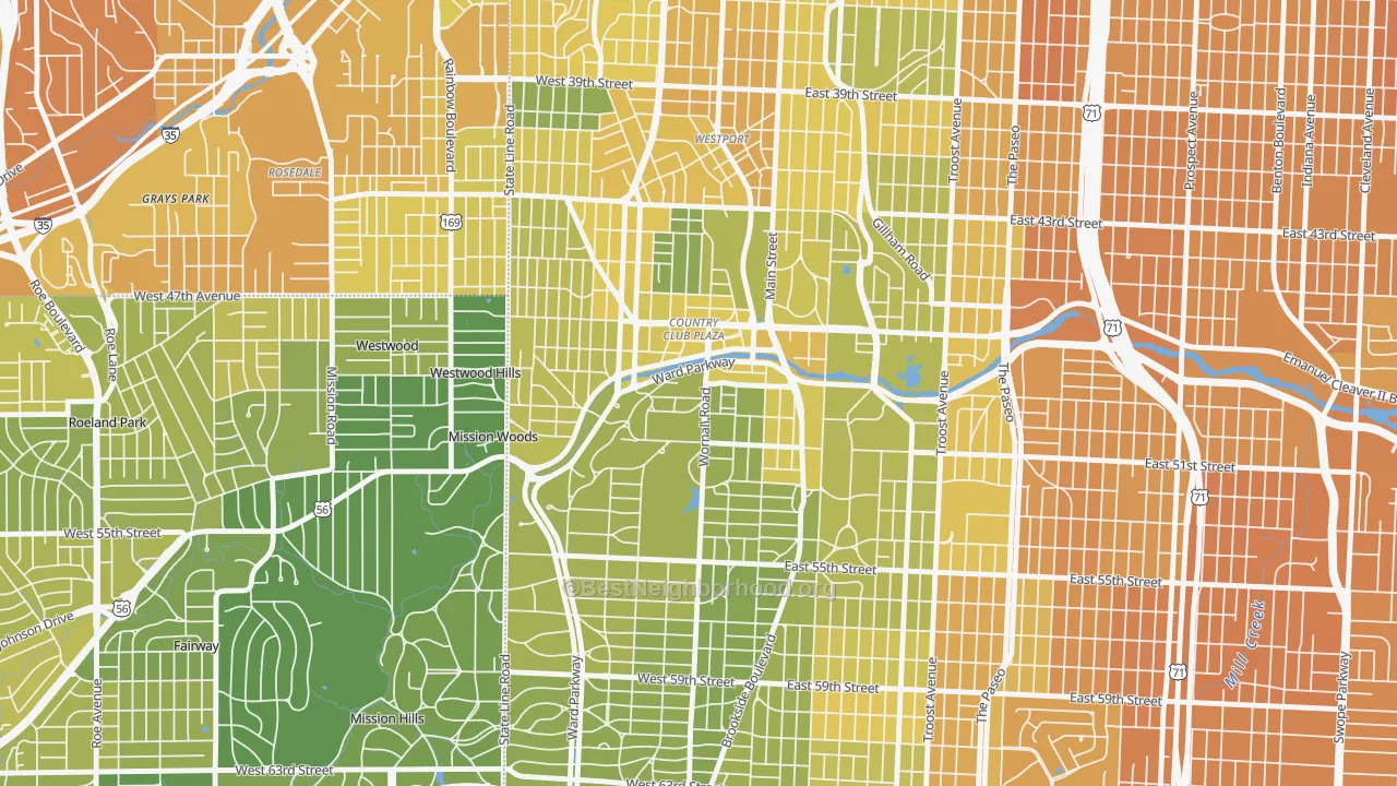 Map of the best neighborhoods in the 64112 area, with better matches in green and worse matches in red