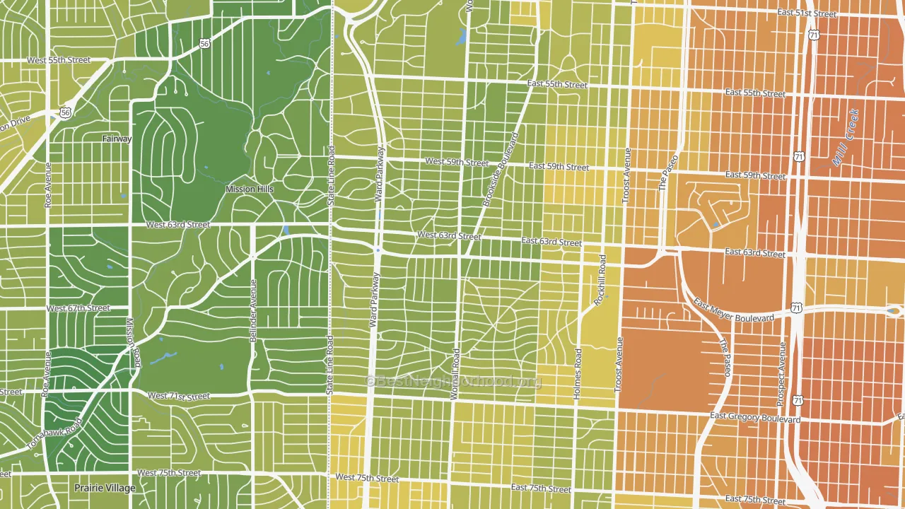 Map of the best neighborhoods in the 64113 area, with better matches in green and worse matches in red