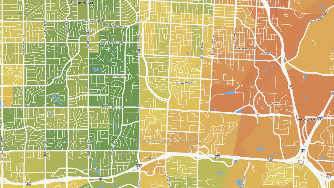 Map of the best neighborhoods in the 64114 area, with better matches in green and worse matches in red