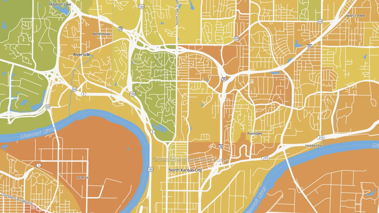 Map of the best neighborhoods in the 64116 area, with better matches in green and worse matches in red