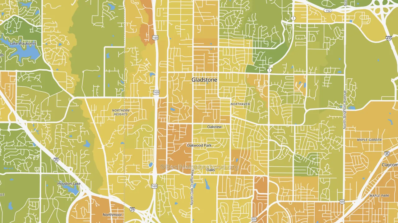 Map of the best neighborhoods in the 64118 area, with better matches in green and worse matches in red