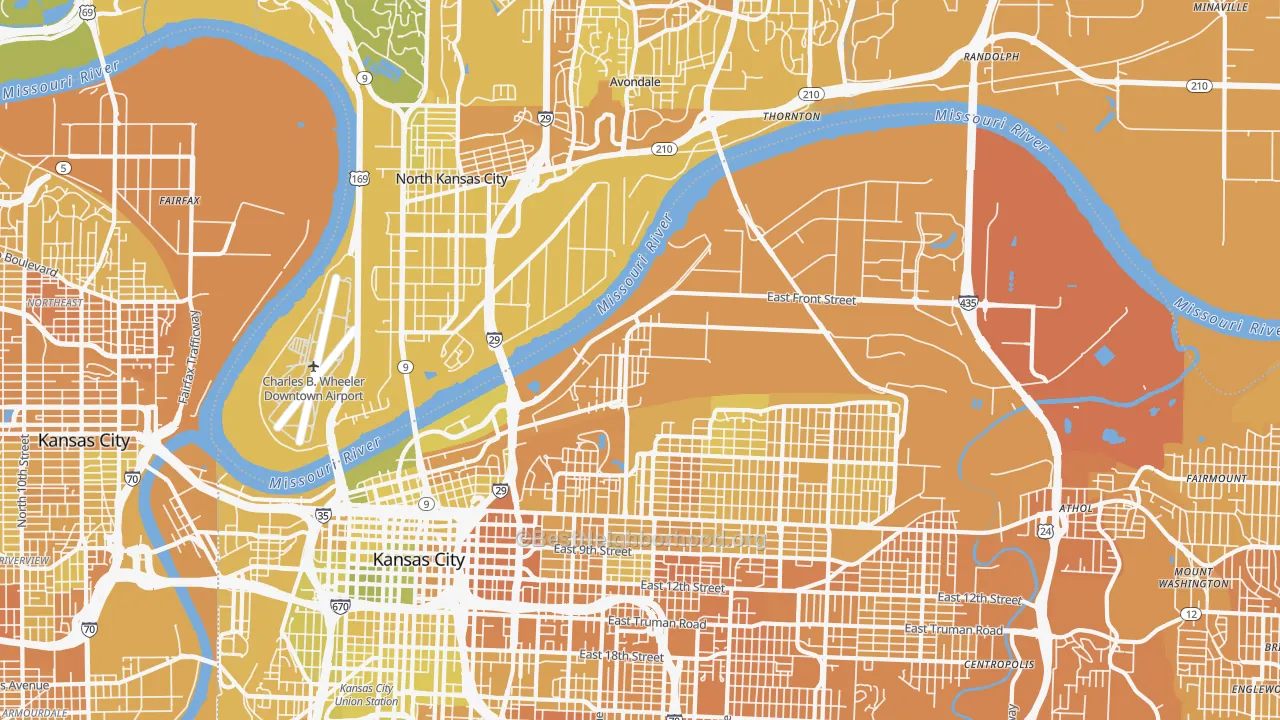 Map of the best neighborhoods in the 64120 area, with better matches in green and worse matches in red