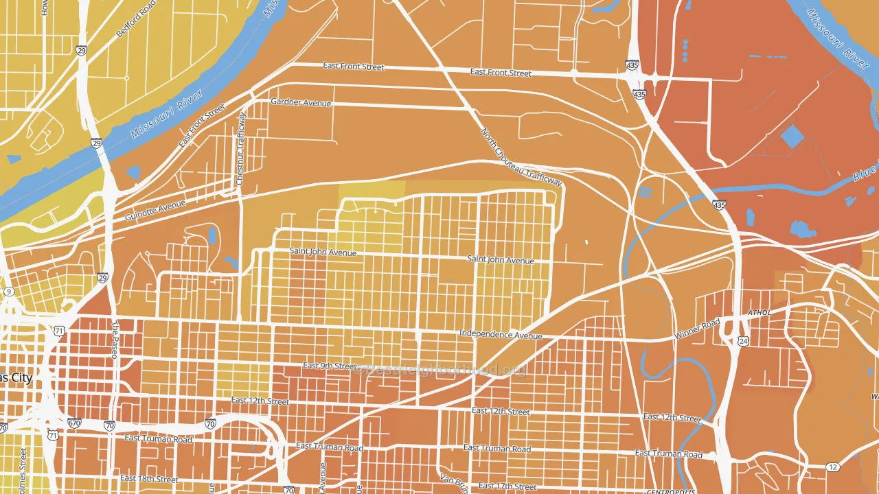 Map of the best neighborhoods in the 64123 area, with better matches in green and worse matches in red