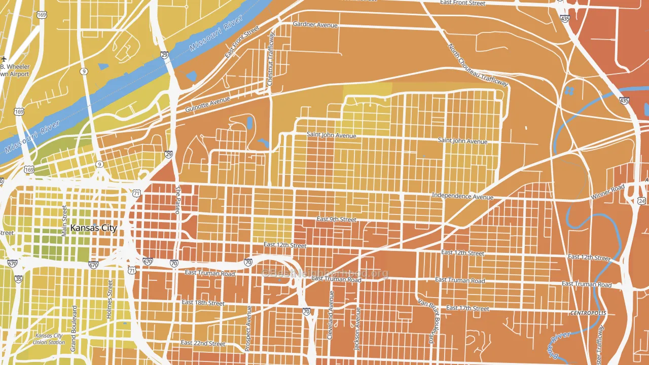 Map of the best neighborhoods in the 64124 area, with better matches in green and worse matches in red