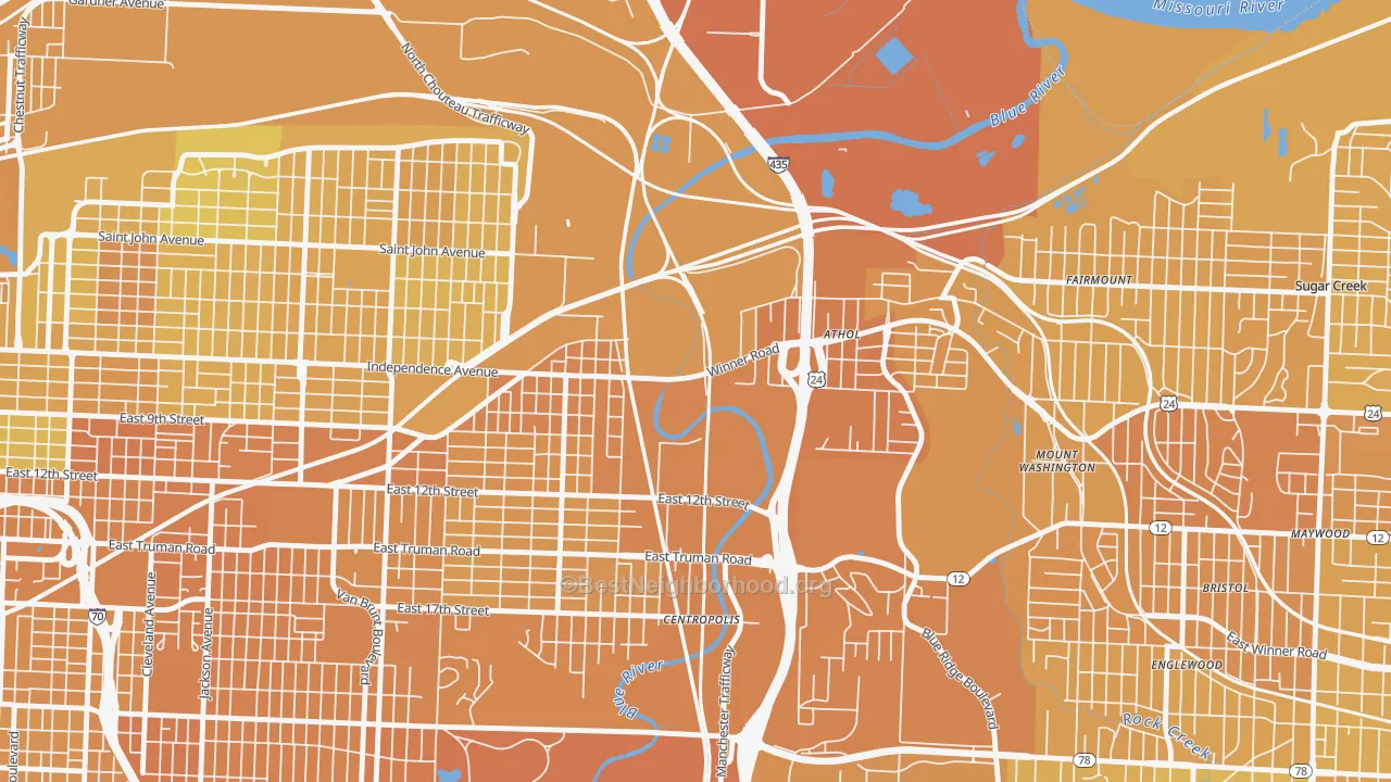Map of the best neighborhoods in the 64125 area, with better matches in green and worse matches in red