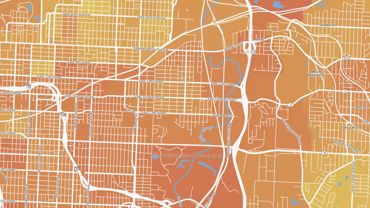 Map of the best neighborhoods in the 64126 area, with better matches in green and worse matches in red