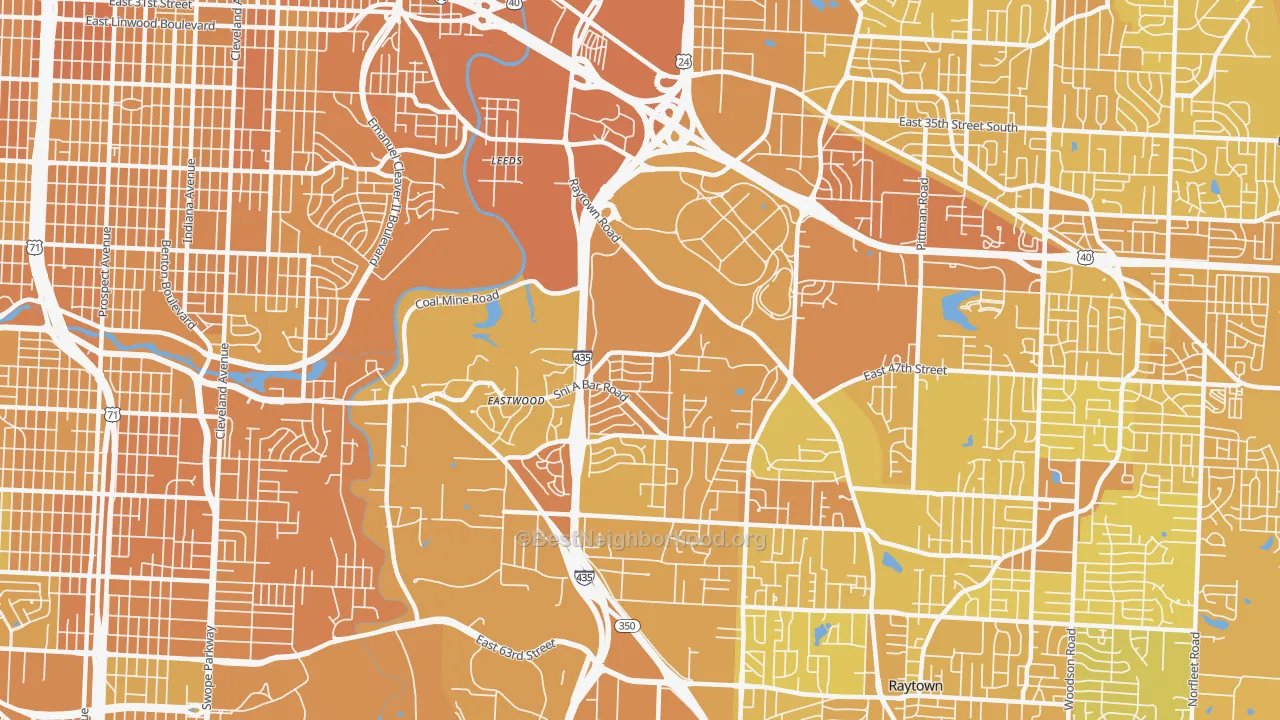Map of the best neighborhoods in the 64129 area, with better matches in green and worse matches in red