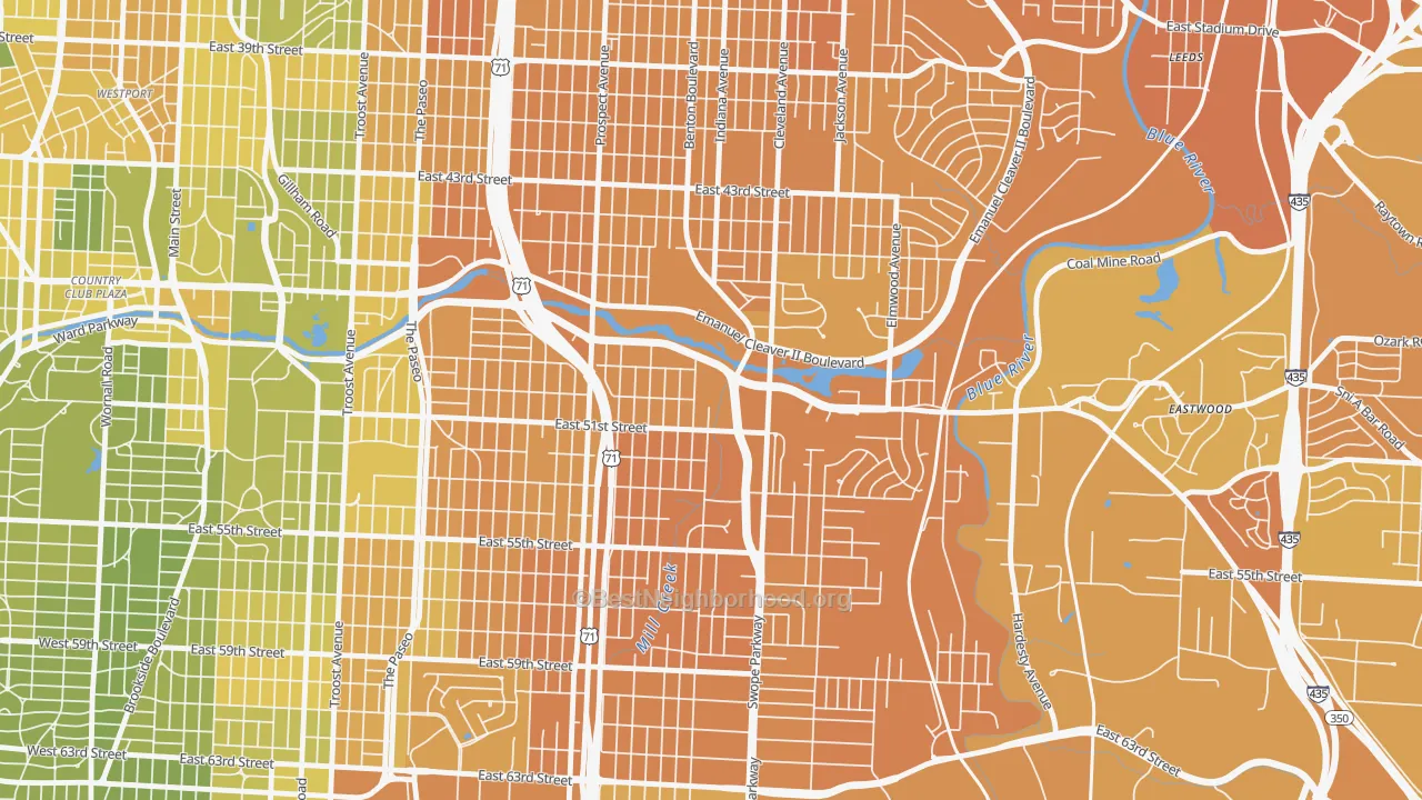 Map of the best neighborhoods in the 64130 area, with better matches in green and worse matches in red