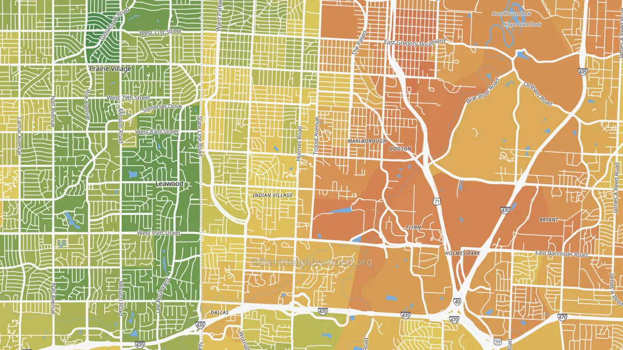 Map of the best neighborhoods in the 64131 area, with better matches in green and worse matches in red