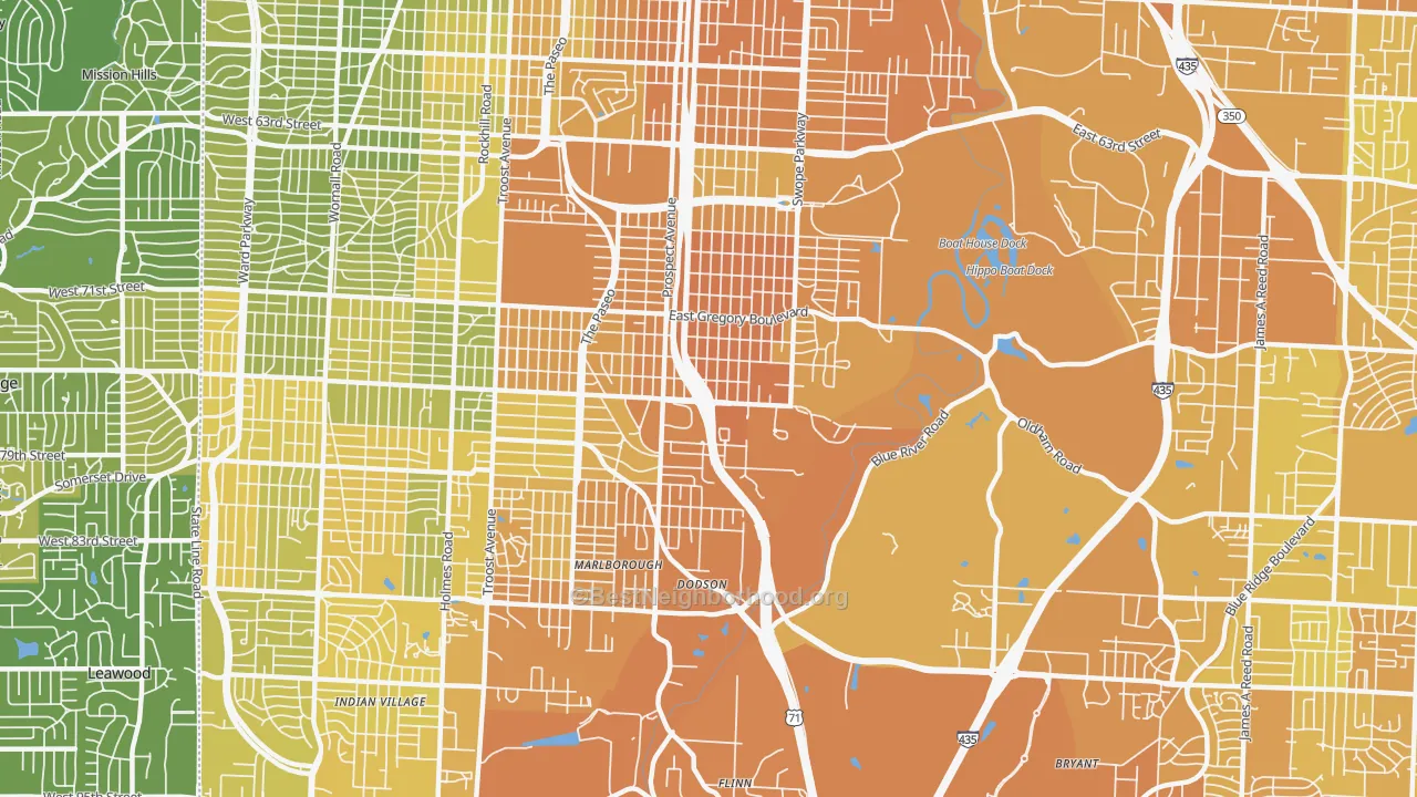Map of the best neighborhoods in the 64132 area, with better matches in green and worse matches in red