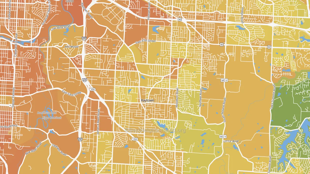 Map of the best neighborhoods in the 64133 area, with better matches in green and worse matches in red