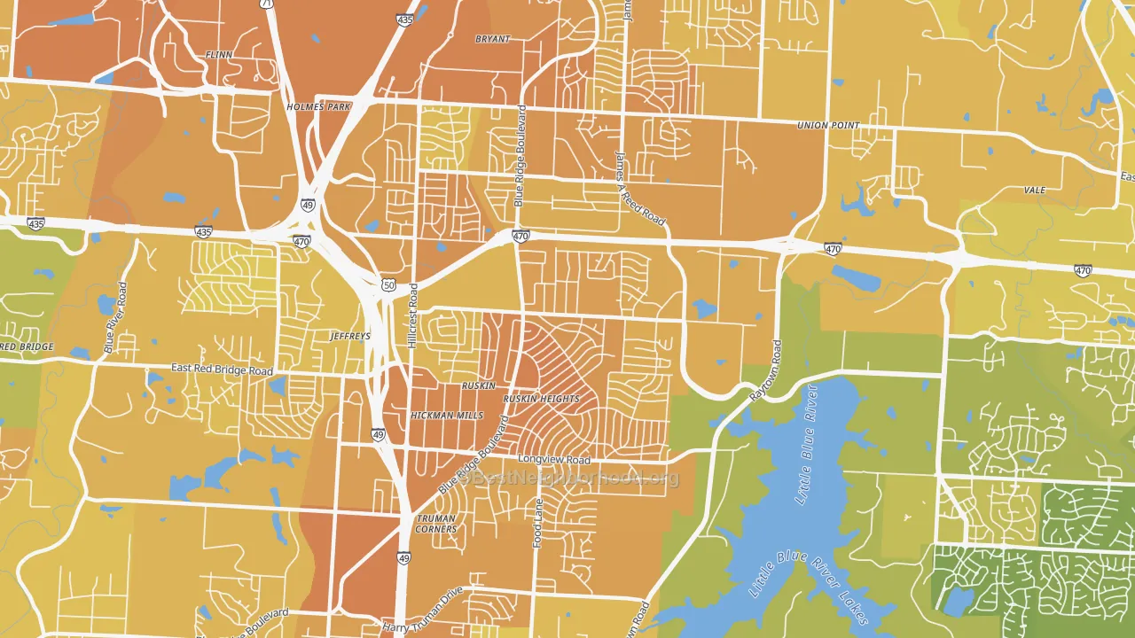Map of the best neighborhoods in the 64134 area, with better matches in green and worse matches in red