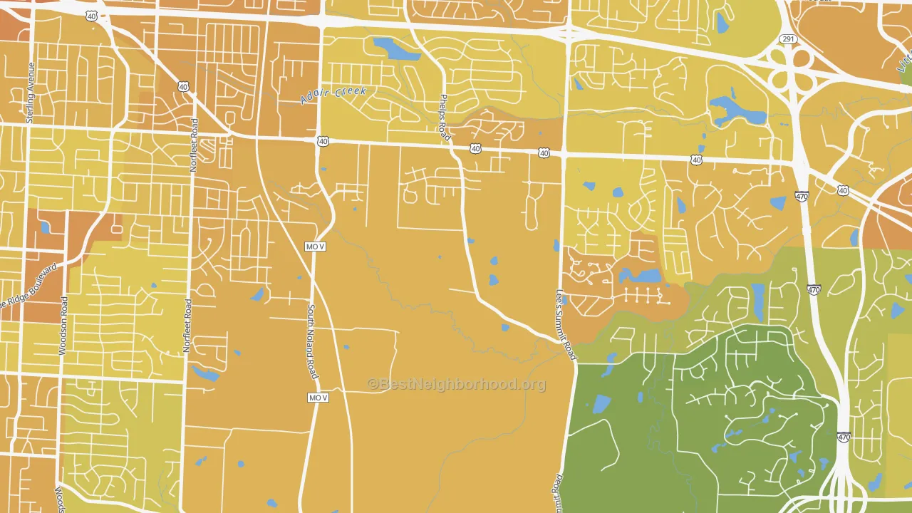 Map of the best neighborhoods in the 64136 area, with better matches in green and worse matches in red