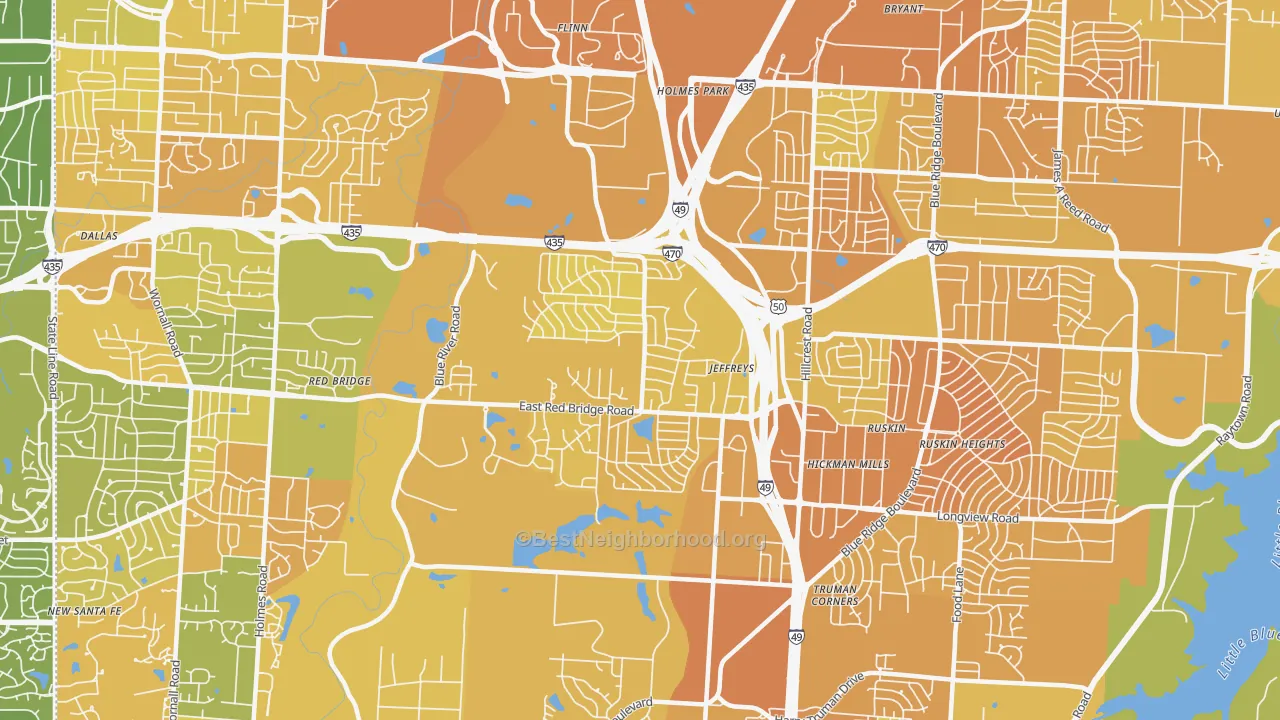 Map of the best neighborhoods in the 64137 area, with better matches in green and worse matches in red