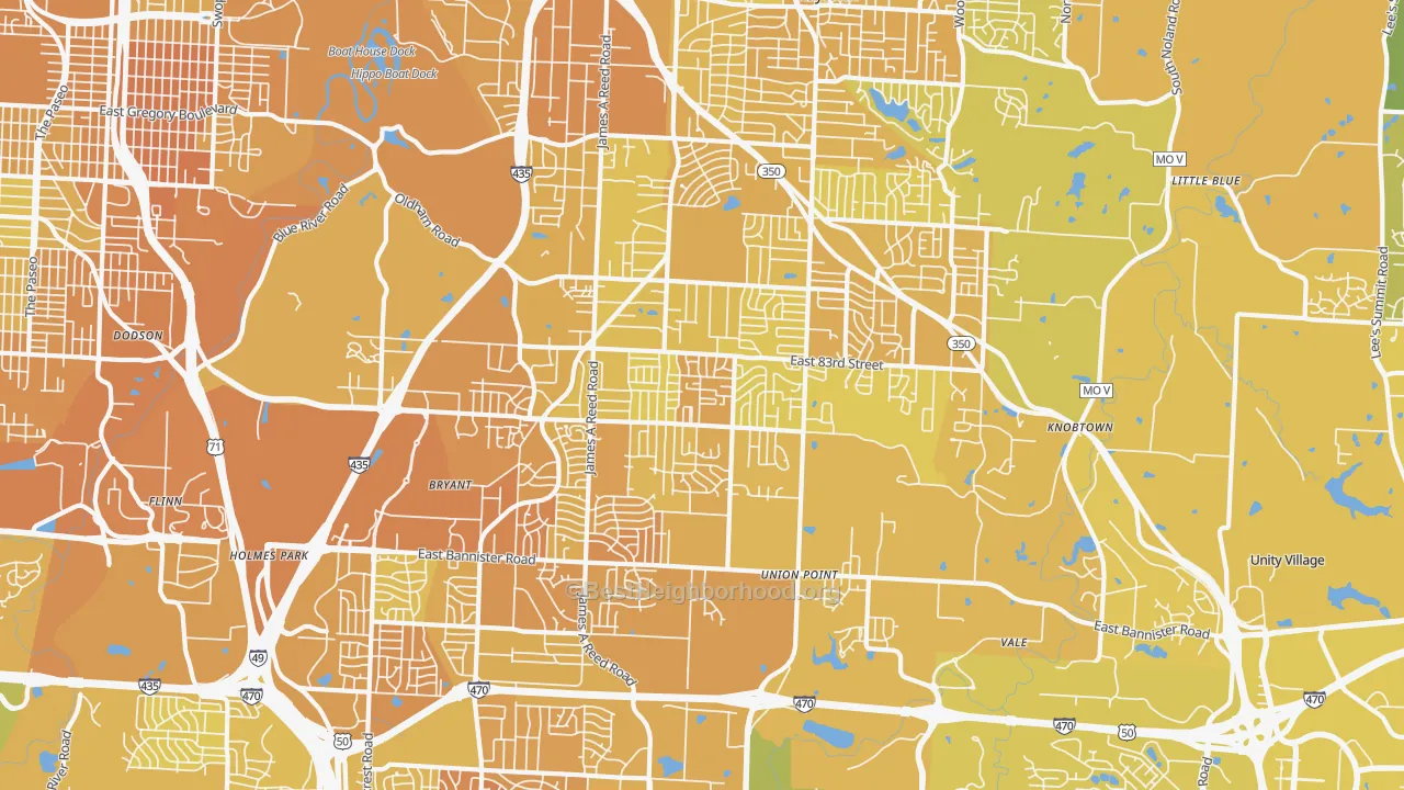 Map of the best neighborhoods in the 64138 area, with better matches in green and worse matches in red