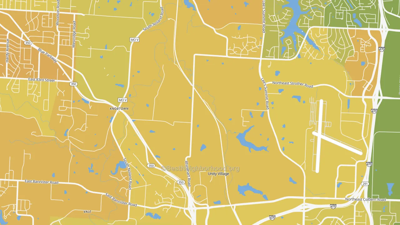 Map of the best neighborhoods in the 64139 area, with better matches in green and worse matches in red