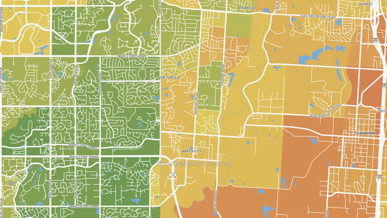 Map of the best neighborhoods in the 64145 area, with better matches in green and worse matches in red
