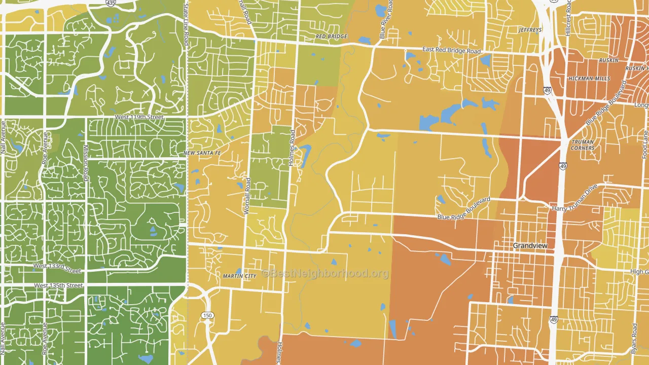 Map of the best neighborhoods in the 64146 area, with better matches in green and worse matches in red