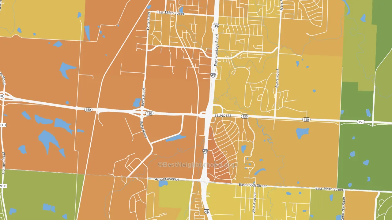 Map of the best neighborhoods in the 64147 area, with better matches in green and worse matches in red