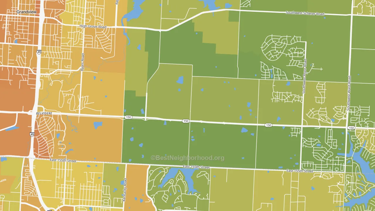 Map of the best neighborhoods in the 64149 area, with better matches in green and worse matches in red
