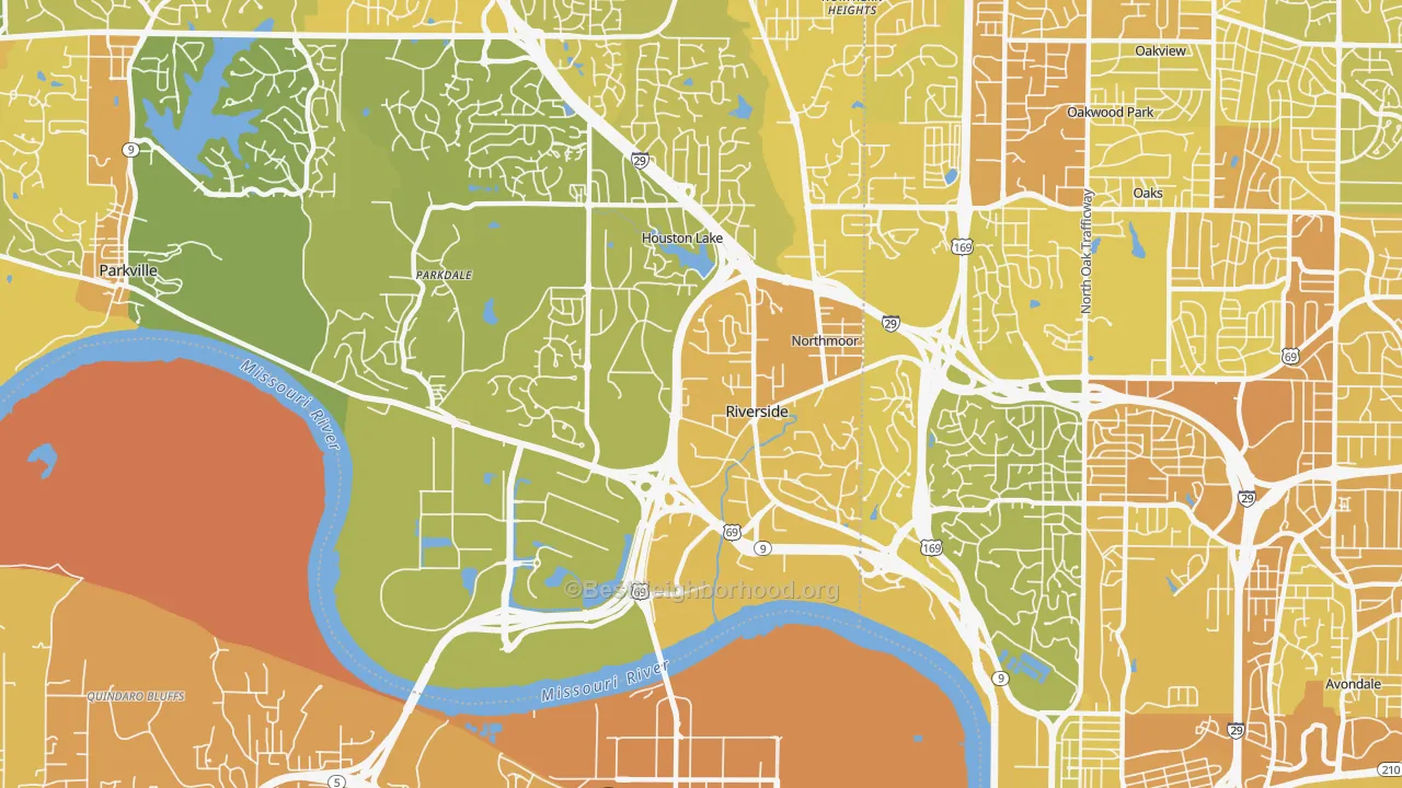 Map of the best neighborhoods in the 64150 area, with better matches in green and worse matches in red