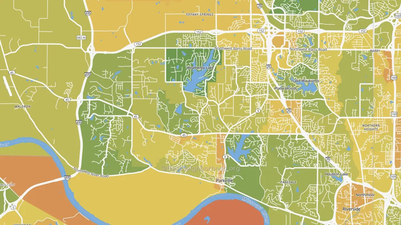 Map of the best neighborhoods in the 64152 area, with better matches in green and worse matches in red