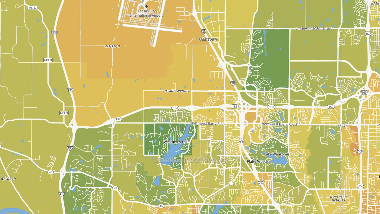 Map of the best neighborhoods in the 64153 area, with better matches in green and worse matches in red