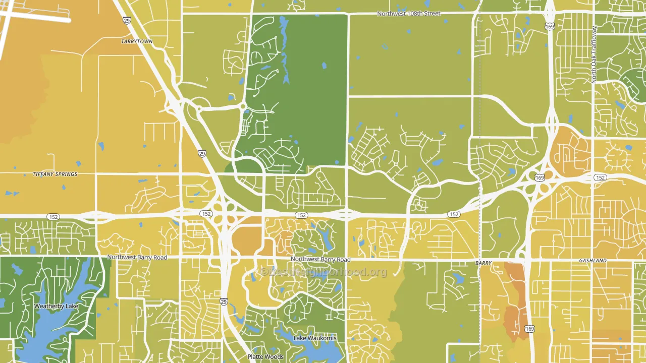 Map of the best neighborhoods in the 64154 area, with better matches in green and worse matches in red