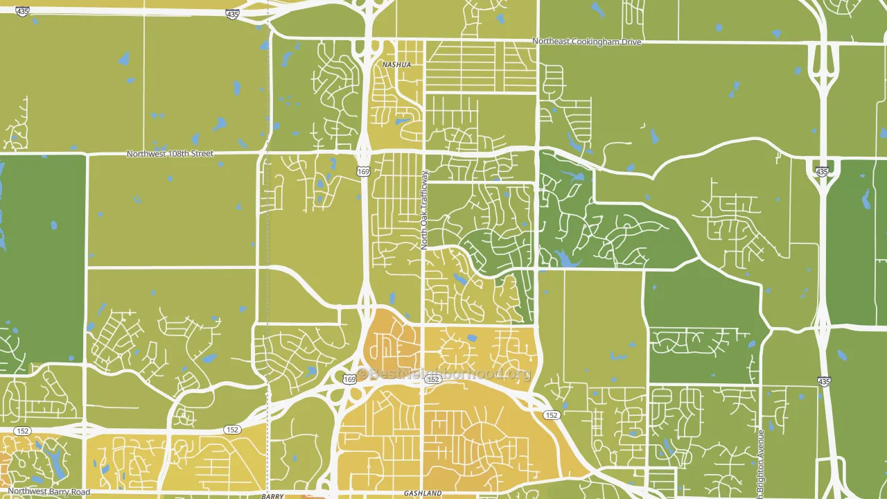 Map of the best neighborhoods in the 64155 area, with better matches in green and worse matches in red
