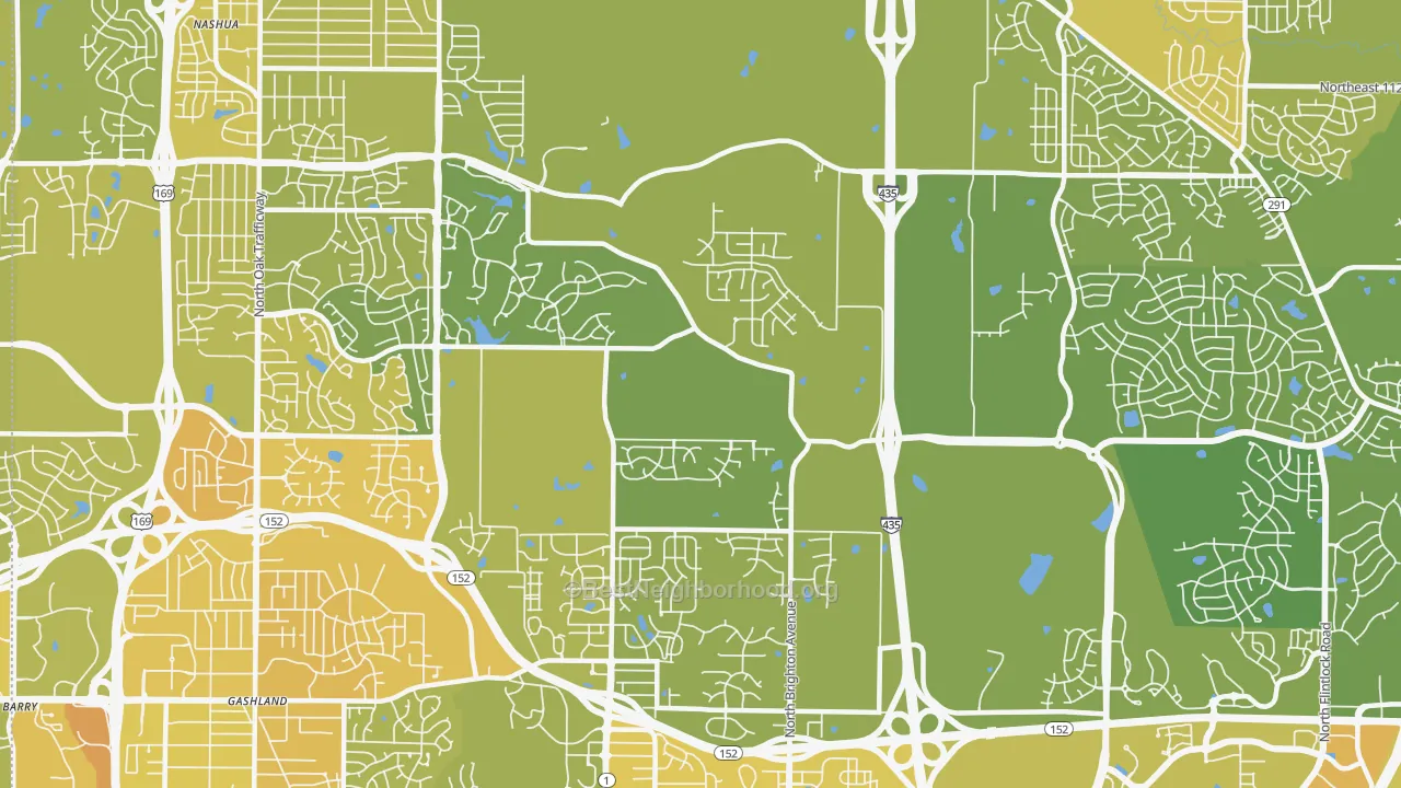 Map of the best neighborhoods in the 64156 area, with better matches in green and worse matches in red