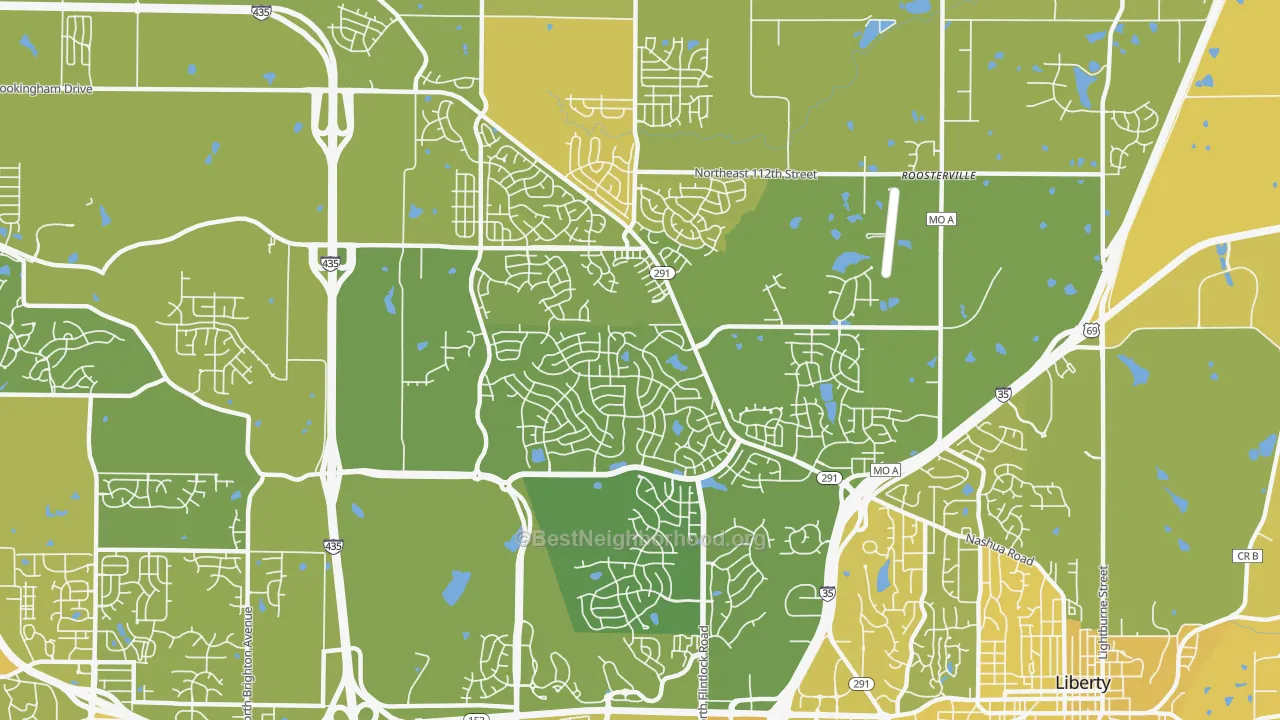 Map of the best neighborhoods in the 64157 area, with better matches in green and worse matches in red