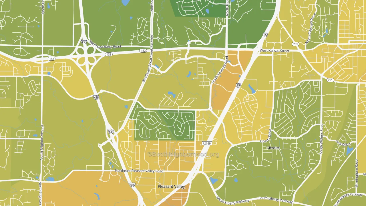 Map of the best neighborhoods in the 64158 area, with better matches in green and worse matches in red