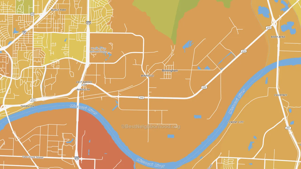 Map of the best neighborhoods in the 64161 area, with better matches in green and worse matches in red
