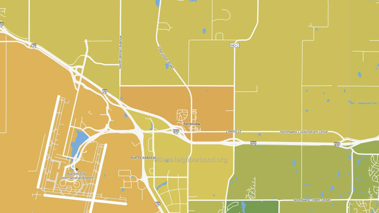 Map of the best neighborhoods in the 64163 area, with better matches in green and worse matches in red