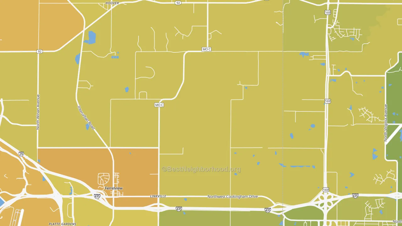 Map of the best neighborhoods in the 64164 area, with better matches in green and worse matches in red