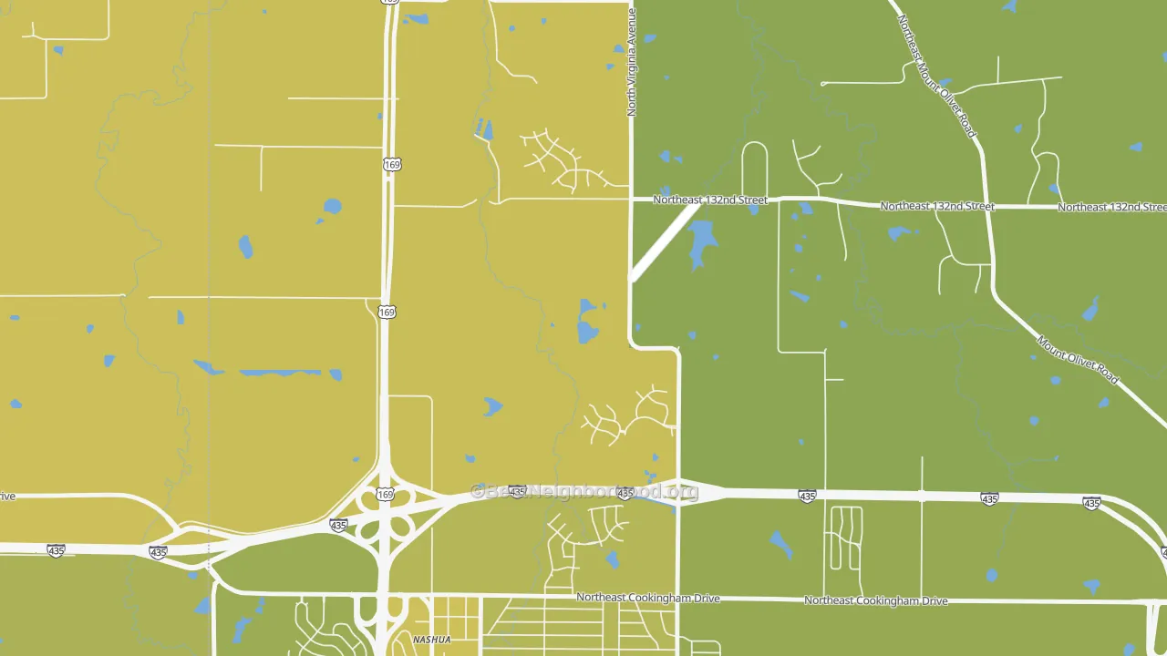 Map of the best neighborhoods in the 64165 area, with better matches in green and worse matches in red