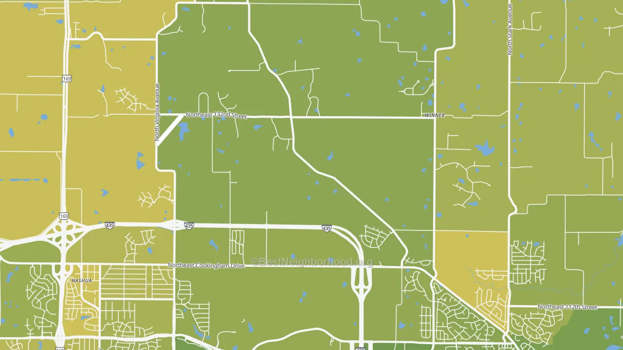 Map of the best neighborhoods in the 64166 area, with better matches in green and worse matches in red