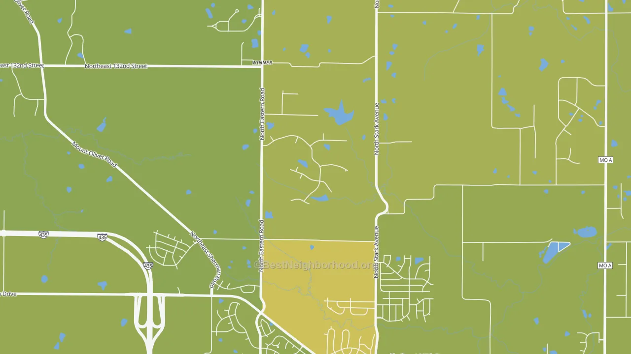 Map of the best neighborhoods in the 64167 area, with better matches in green and worse matches in red