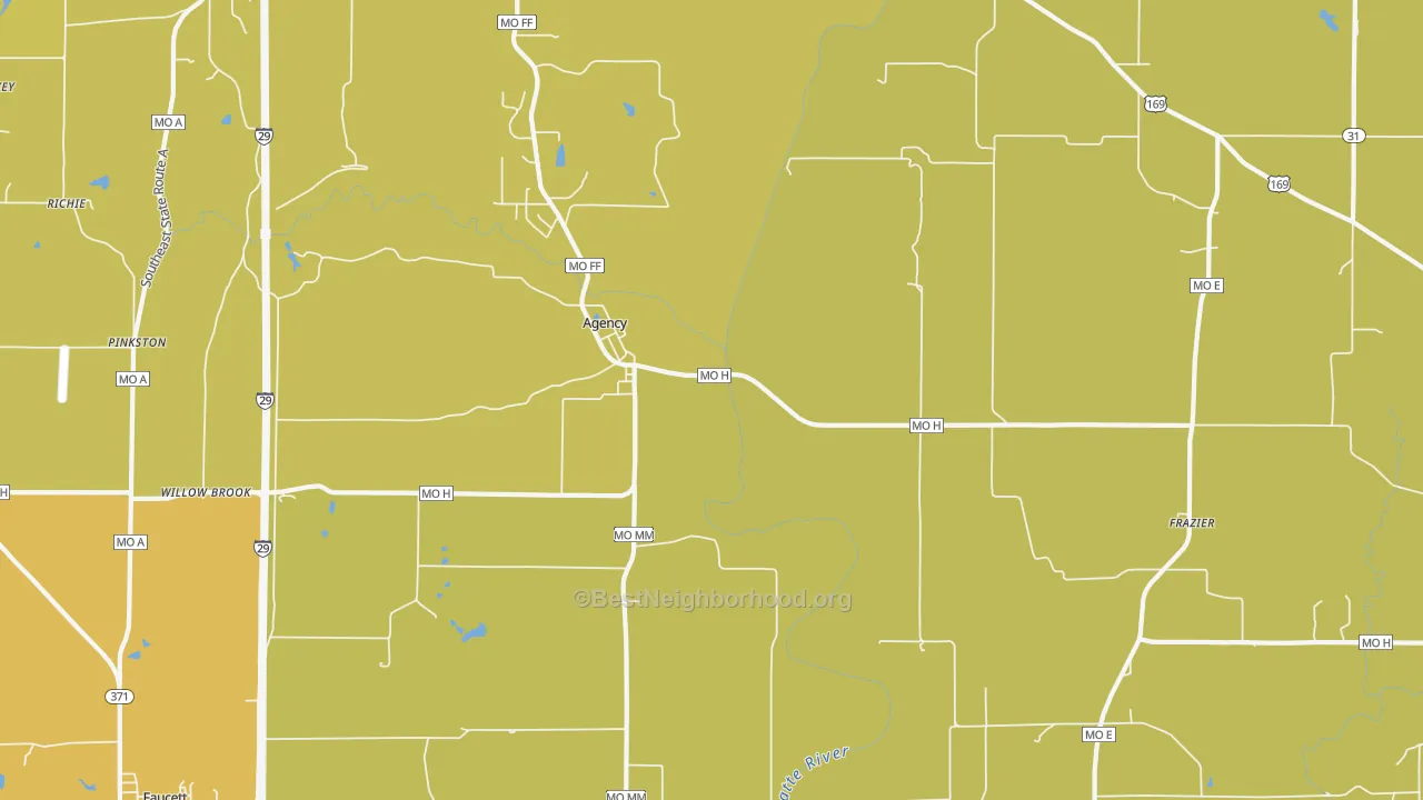 Map of the best neighborhoods in the 64401 area, with better matches in green and worse matches in red