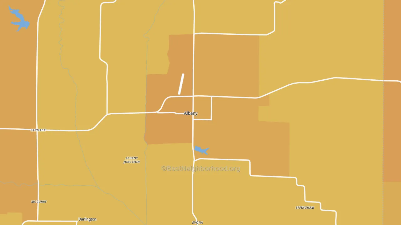 Map of the best neighborhoods in the 64402 area, with better matches in green and worse matches in red