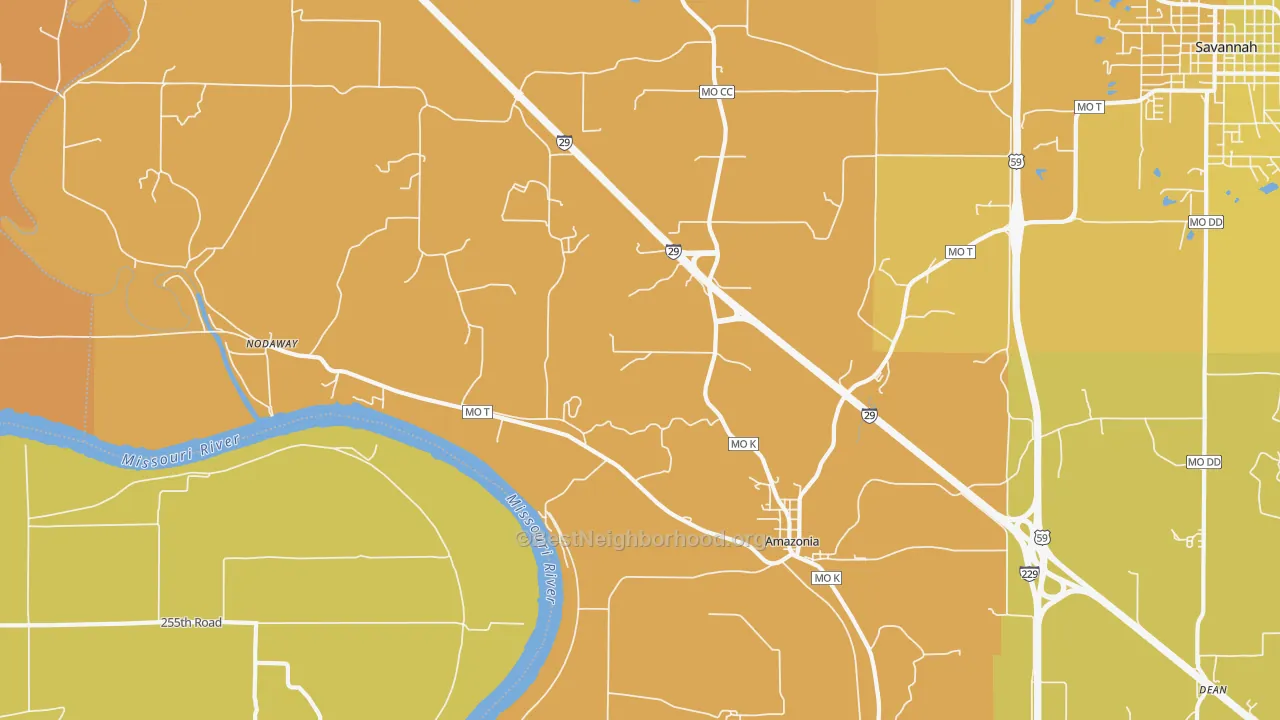 Map of the best neighborhoods in the 64421 area, with better matches in green and worse matches in red