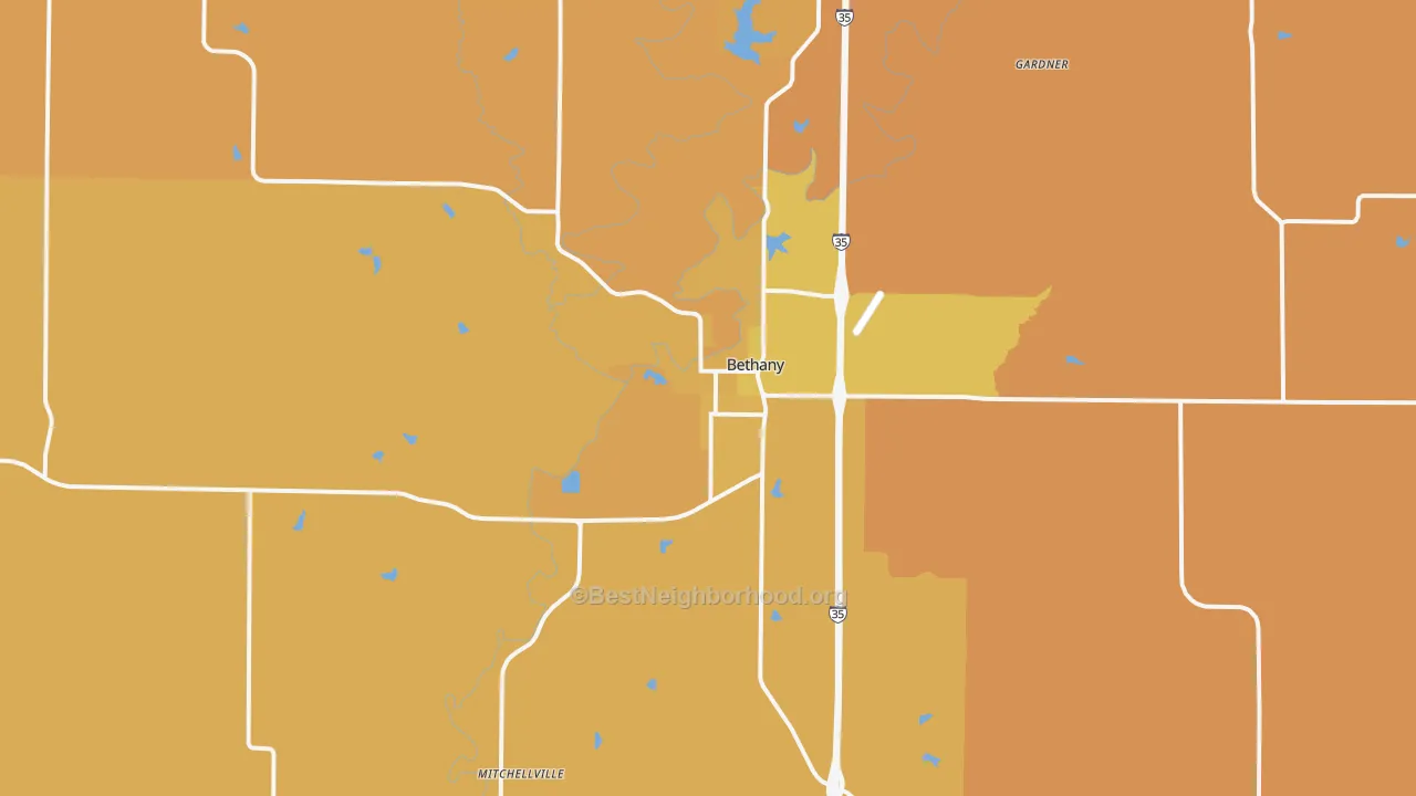 Map of the best neighborhoods in the 64424 area, with better matches in green and worse matches in red